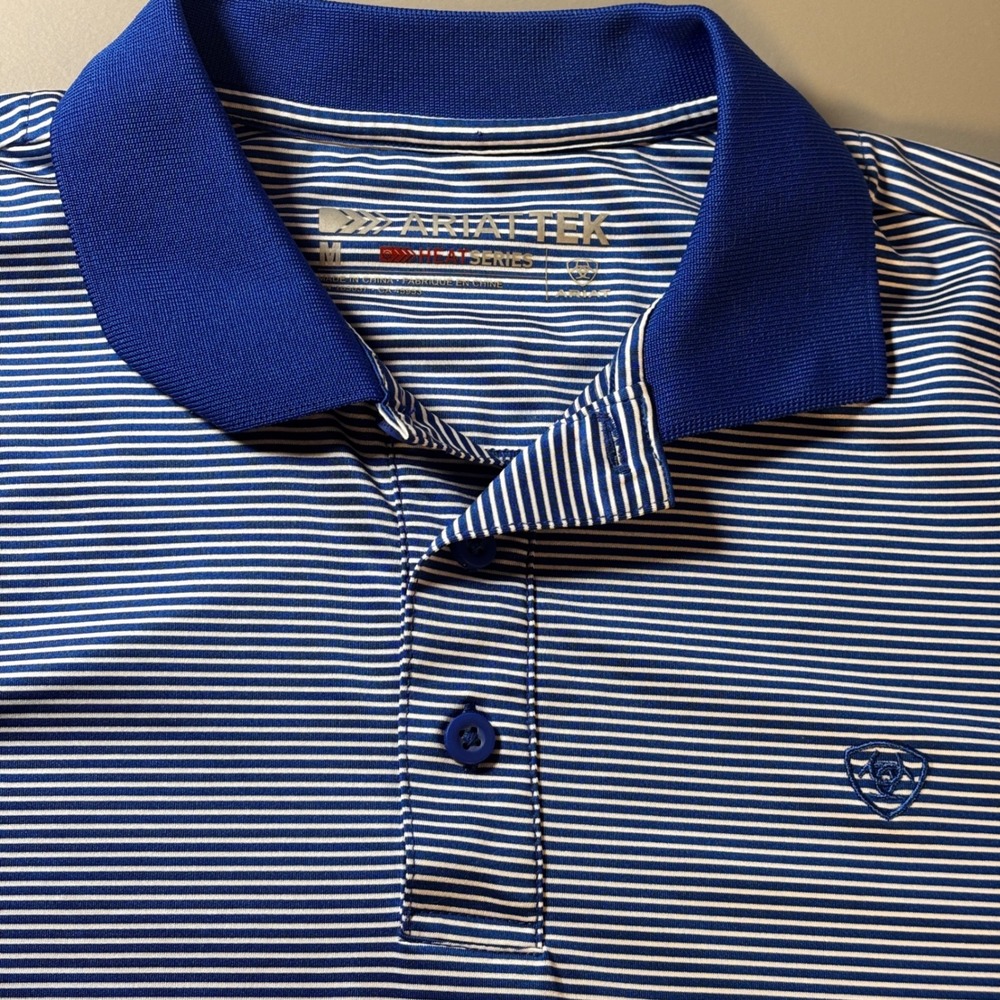 Ariat AriatTEK Heat Series Polo Shirt Mens Large Blue Stripe Western Golf